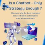 "Illustration showing a robot chatbot and a human interacting through a laptop, representing the collaboration between AI and human support for customer service, with the title 'Is a Chatbot-Only Strategy Enough?'"