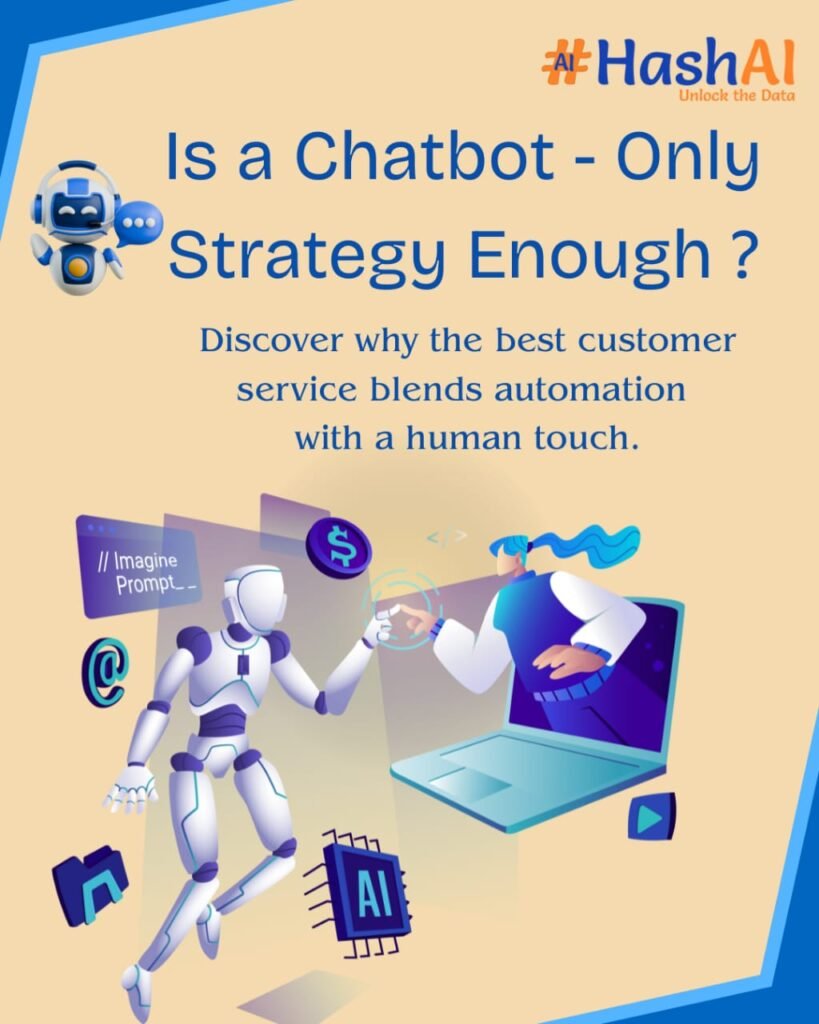"Illustration showing a robot chatbot and a human interacting through a laptop, representing the collaboration between AI and human support for customer service, with the title 'Is a Chatbot-Only Strategy Enough?'"
